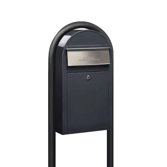 USPS Approved Bobi Grande Slim Front Access Modern Locking Grey Mailbox with Stainless Steel Mail Slot and Round Black Post Combo