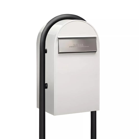 Bobi Grande B Rear Access Modern Locking White Mailbox with Round Black Post Combo - Secure Small Parcel Delivery