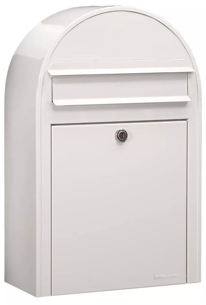 Bobi Classic Slim Front Access Modern Locking White Mailbox and Round Black Post Combo