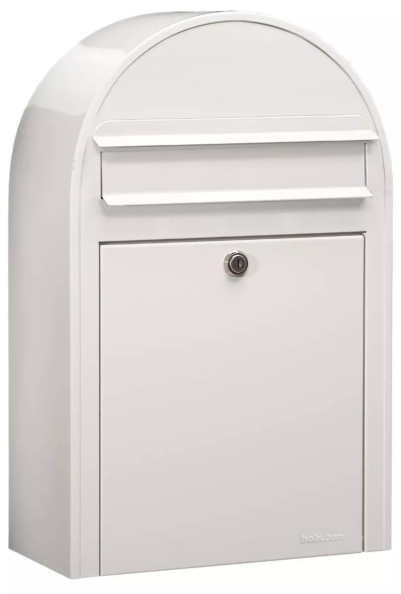 Bobi Classic Slim Front Access Modern Locking White Mailbox and Round Stainless Steel Post Combo