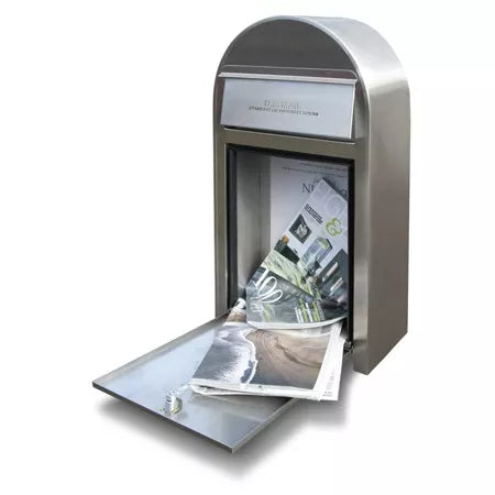 Bobi Grande Front Access Modern Locking Stainless Steel Mailbox with Round Black Post Combo