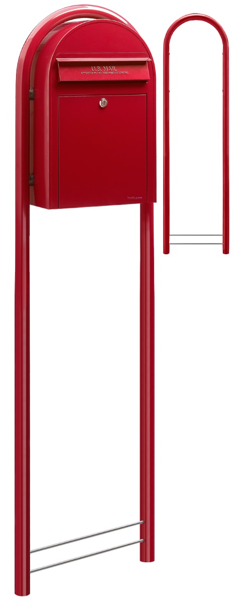 wide angle view, red bobi classic mailbox with red post