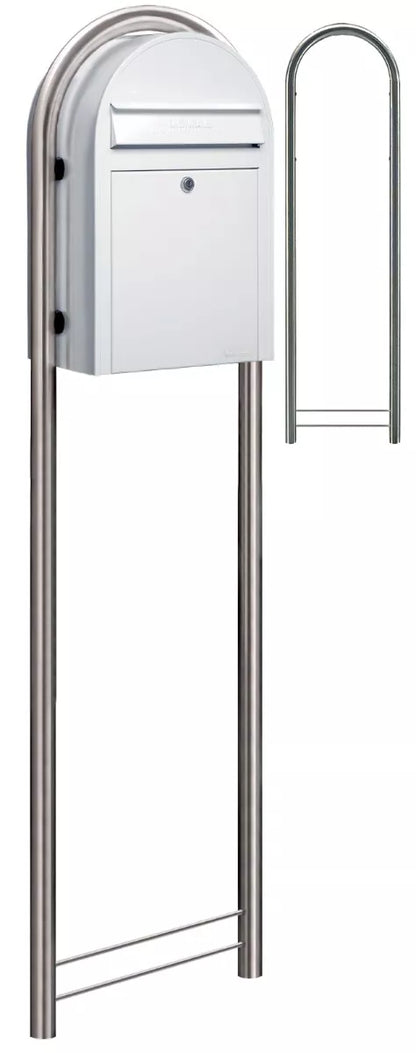 wide angle view, white bobi classic mailbox with stainless steel post