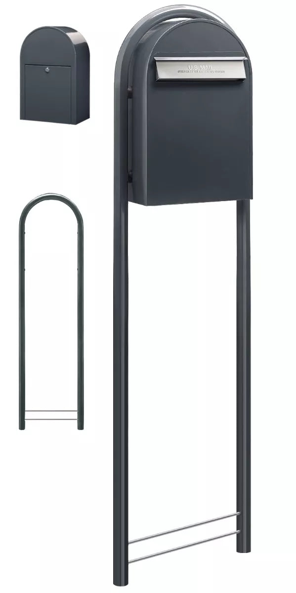 bobi classic b grey mailbox with round grey post wide angle view