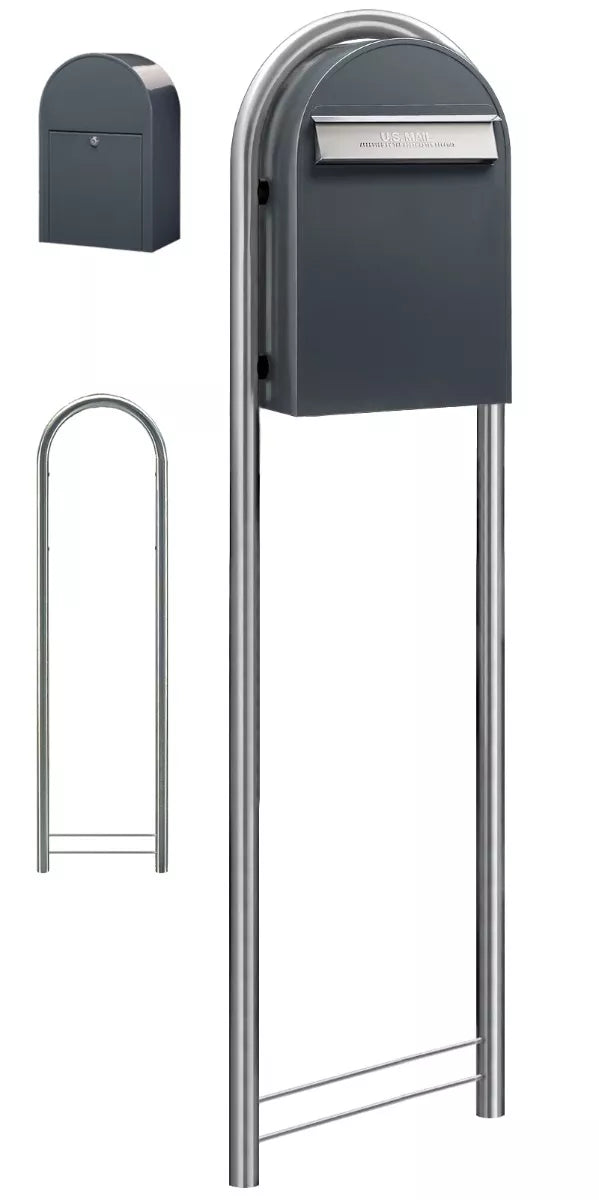 Bobi Classic B Rear Access Modern Locking Grey Mailbox and Round Stainless Steel Post Combo