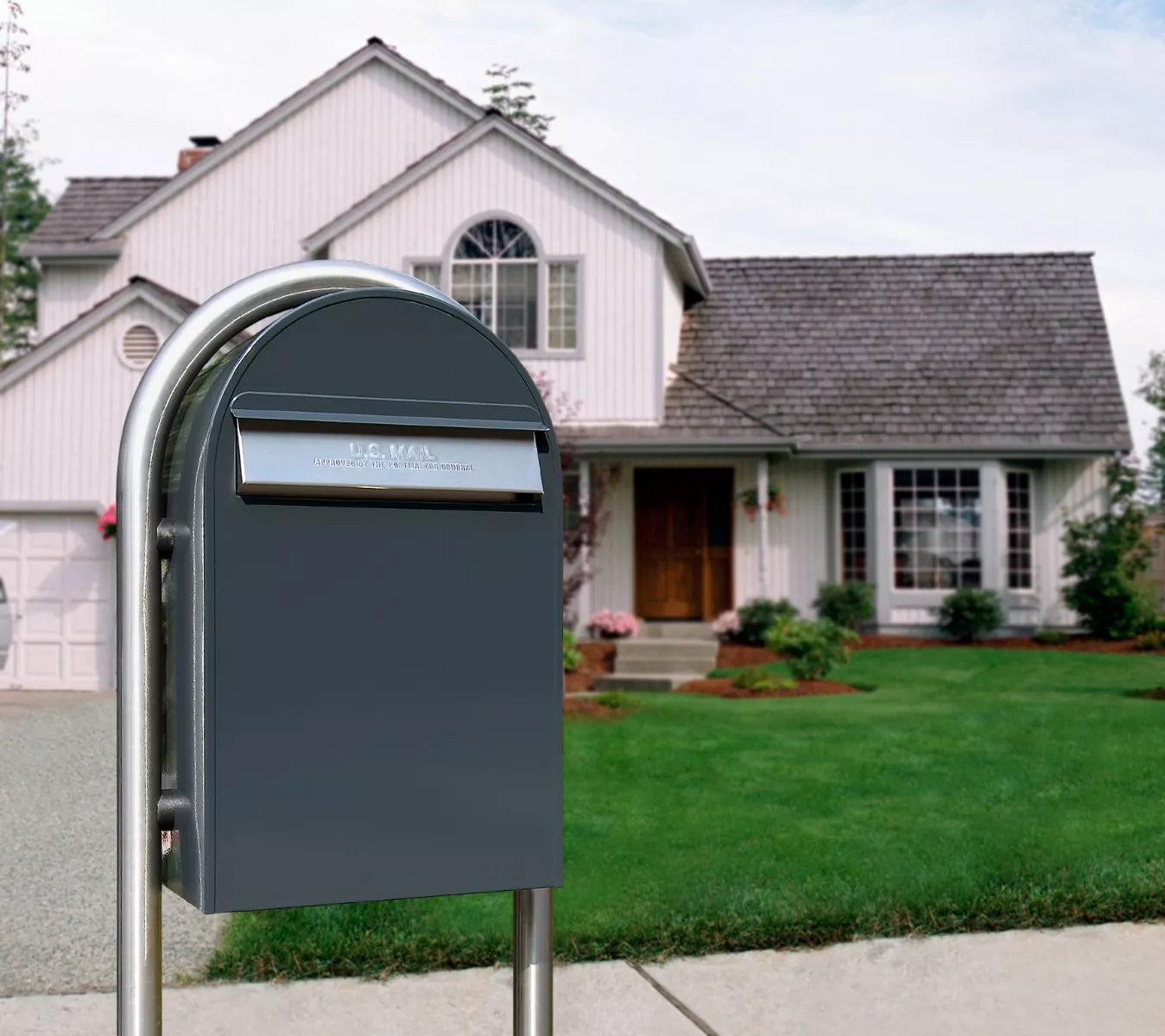 Bobi Classic B Rear Access Modern Locking Grey Mailbox and Round Stainless Steel Post Combo