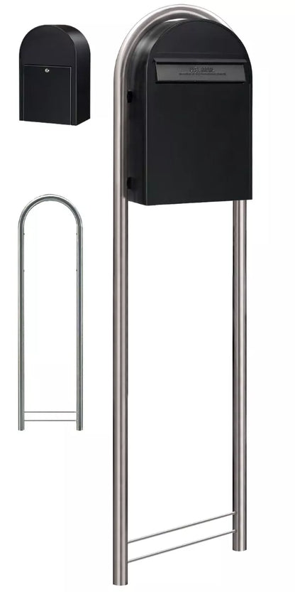 bobi classic b black mailbox with round stainless steel post wide view