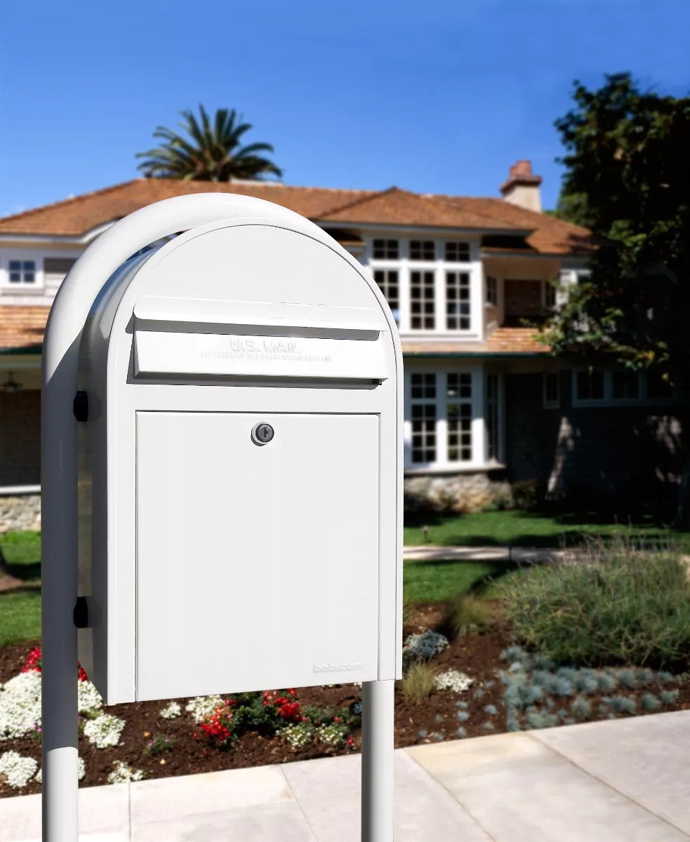 bobi classic white mailbox and post edited in front of the house for reference