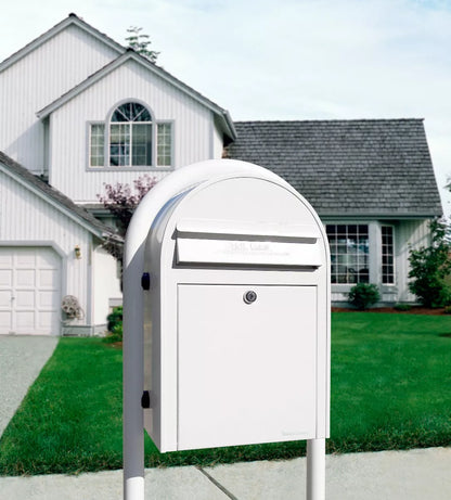 bobi classic white mailbox and round white post, edited for customer reference