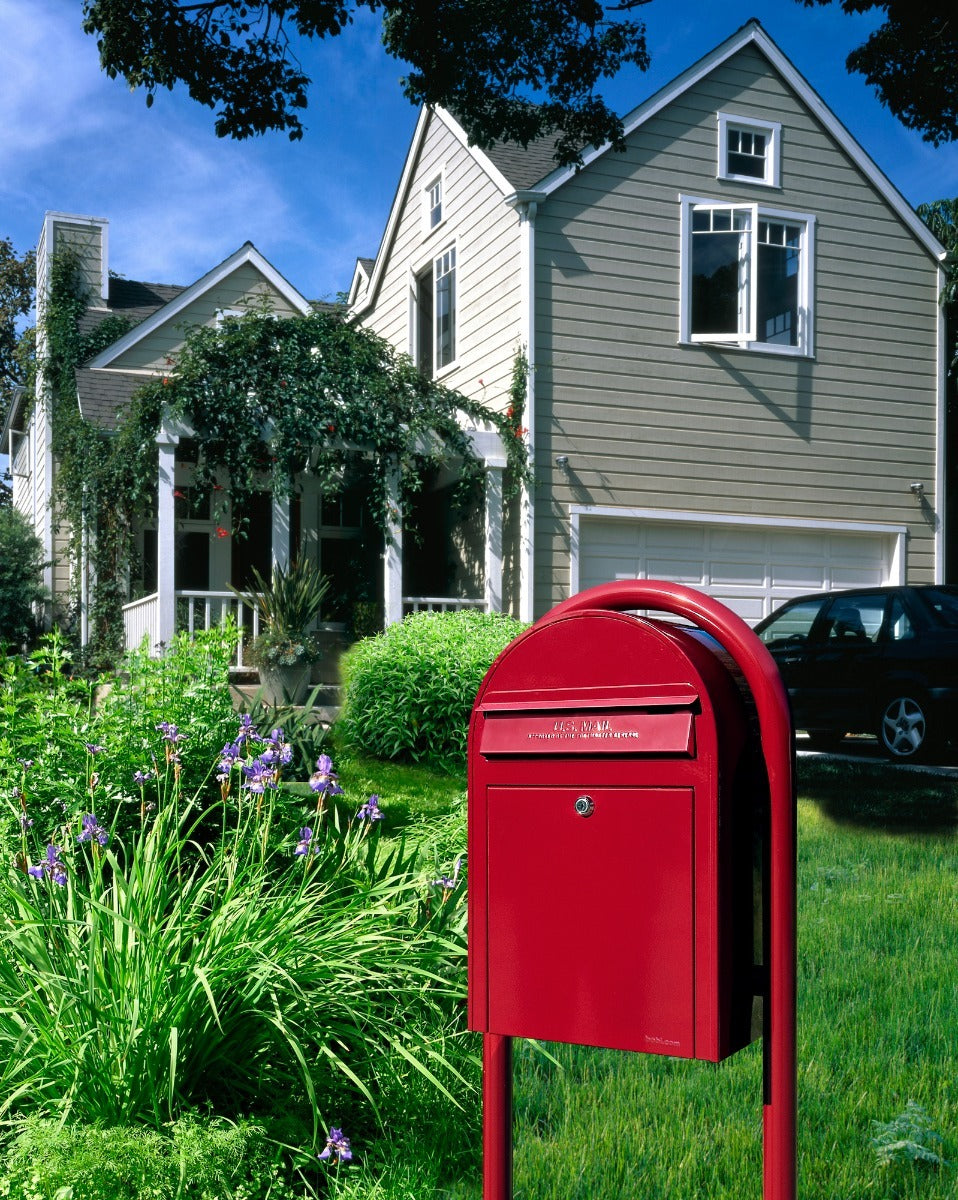 red bobi classic mailbox with red post, edited for visual presentation