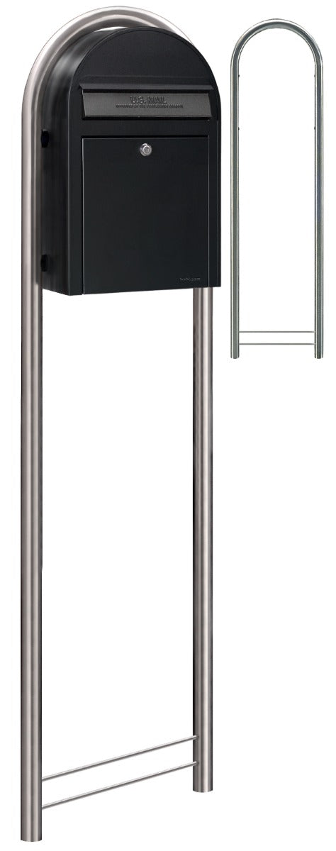 wide angle view, black bobi classic mailbox with stainless steel post