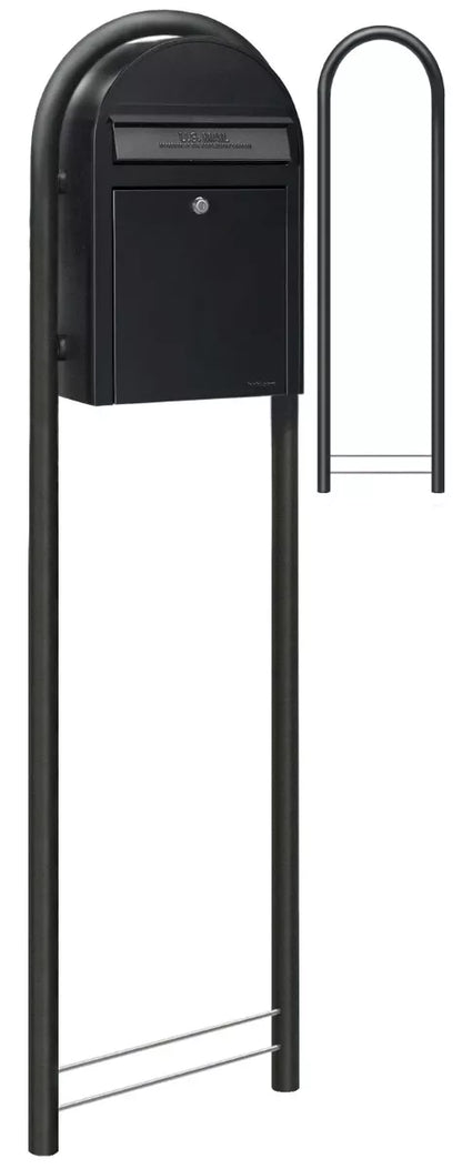 wide angle view, black bobi classic mailbox with black post