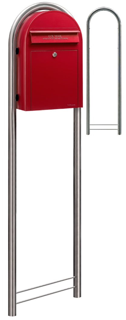 wide angle view, red classic bobi mailbox with zinc post