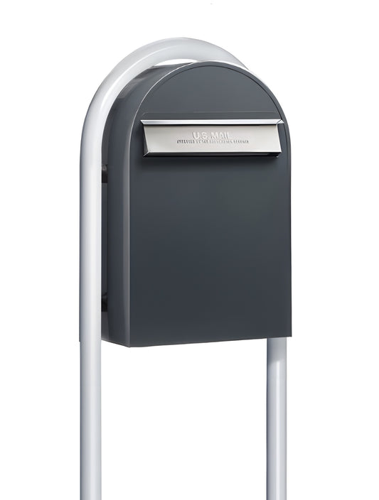 Bobi Classic B Rear Access Modern Locking Grey Mailbox and Round White Post Combo