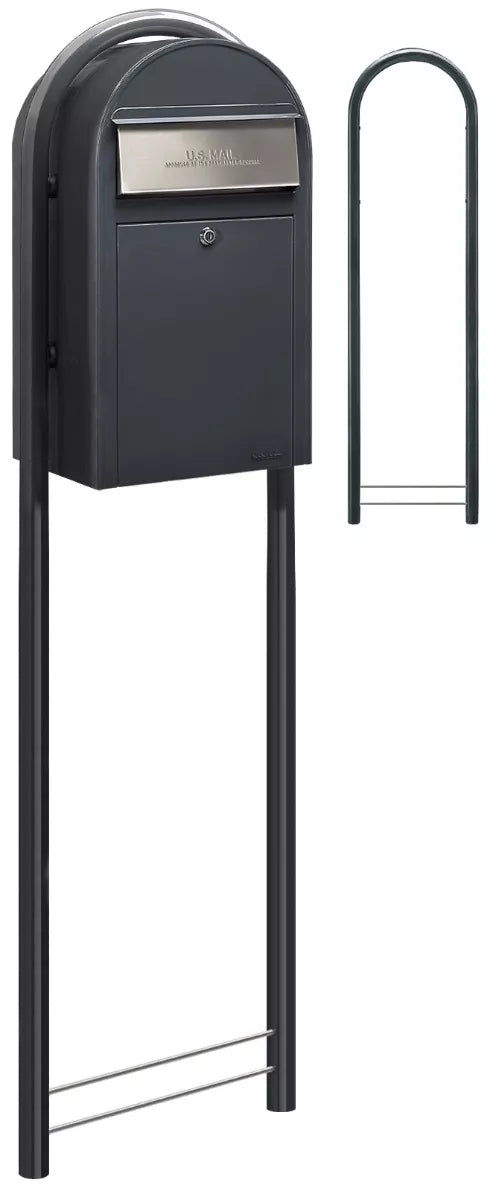 wide angle view of grey bobi grande mailbox with grey post