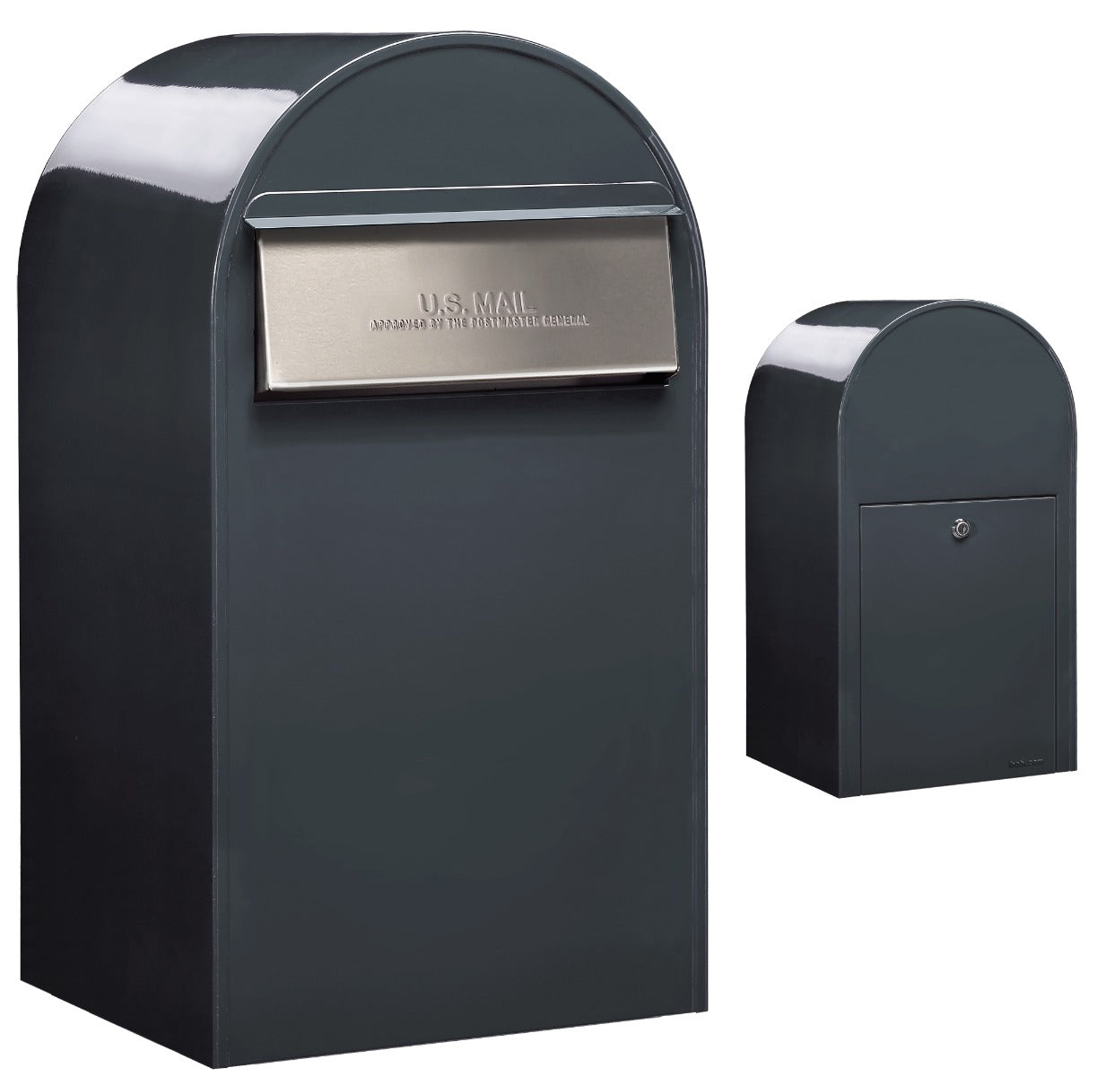 Bobi Grande B Rear Access Modern Locking Grey Mailbox with Round Stainless Steel Post Combo - Secure Small Parcel Delivery