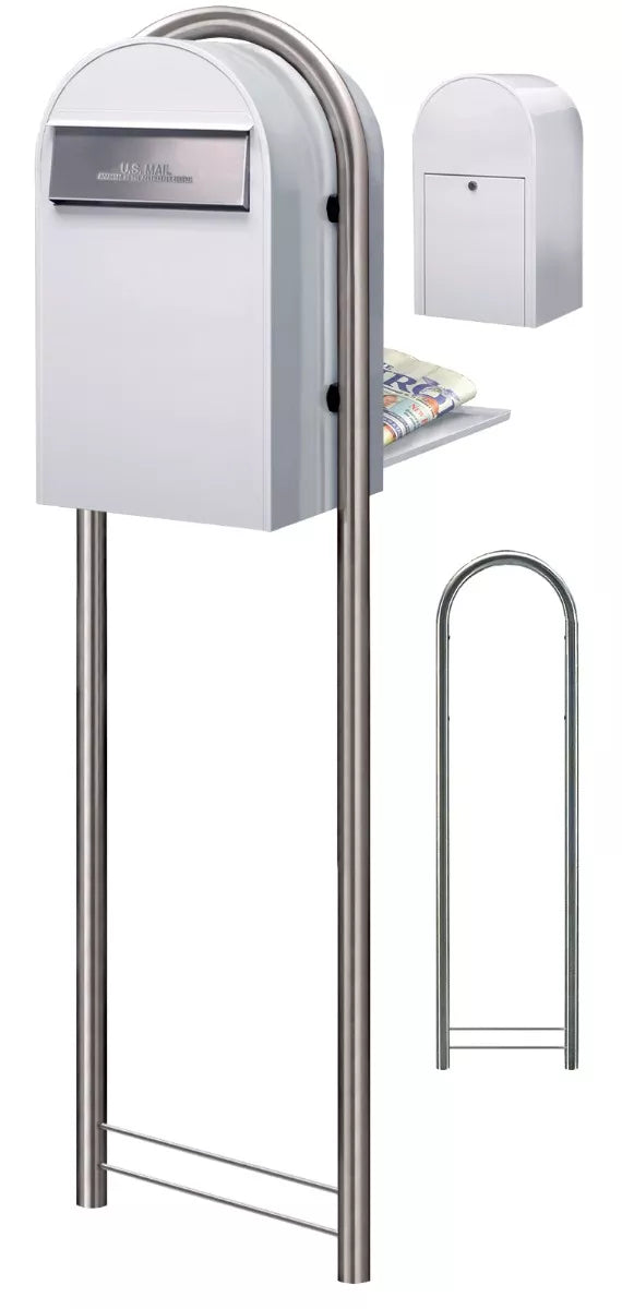 Bobi Grande B Rear Access Modern Locking White Mailbox with Round Stainless Steel Post Combo - Secure Small Parcel Delivery