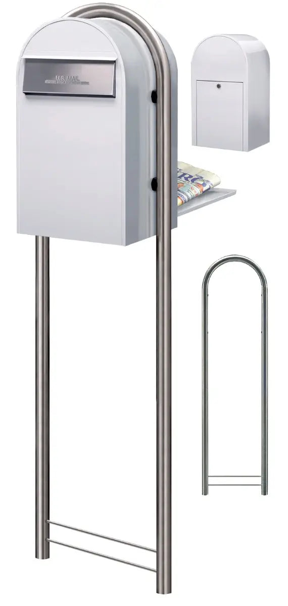 bobi grande b white mailbox with round stainless post wide angle view