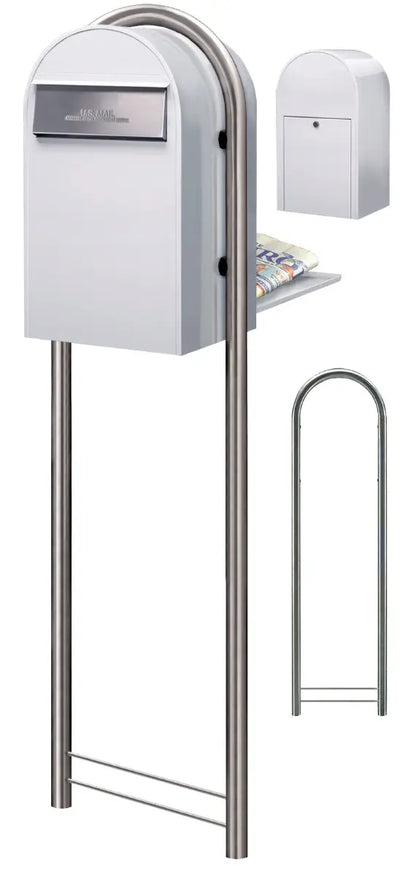 bobi grande b white mailbox with round stainless post wide angle view