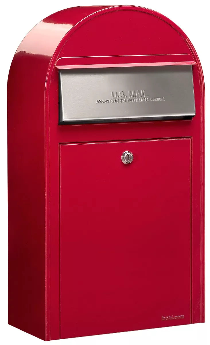 USPS Approved Bobi Grande Slim Front Access Modern Locking Red Mailbox with Stainless Steel Mail Slot and Round White Post Combo