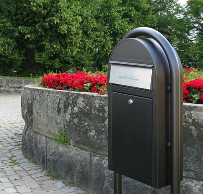 USPS Approved Bobi Grande Slim Front Access Modern Locking Black Mailbox with Stainless Steel Mail Slot and Round Black Post Combo