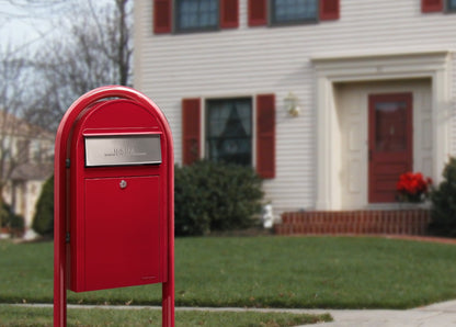 USPS Approved Bobi Grande Slim Front Access Modern Locking Red Mailbox with Stainless Steel Mail Slot and Round Red Post Combo