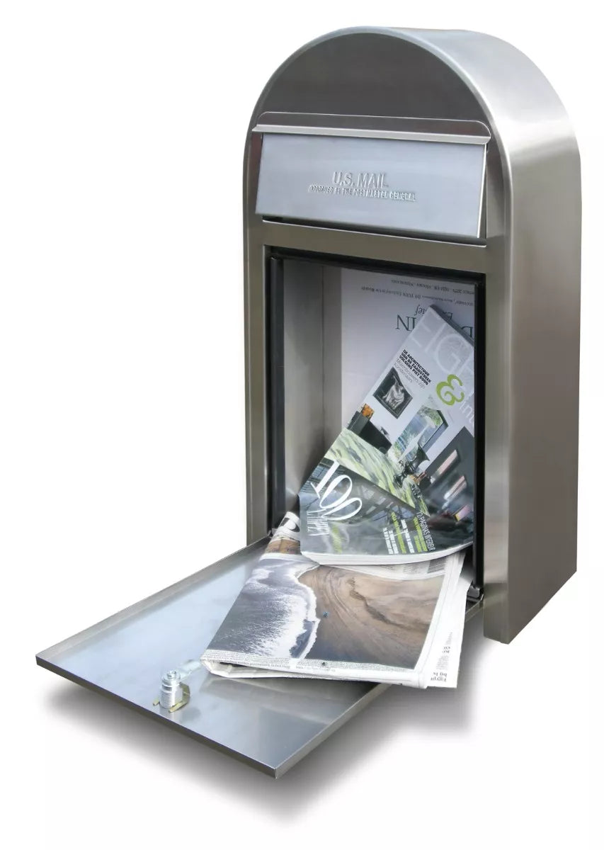 Bobi Grande Slim Front Access Modern Locking Stainless Steel Mailbox with Round White Post Combo