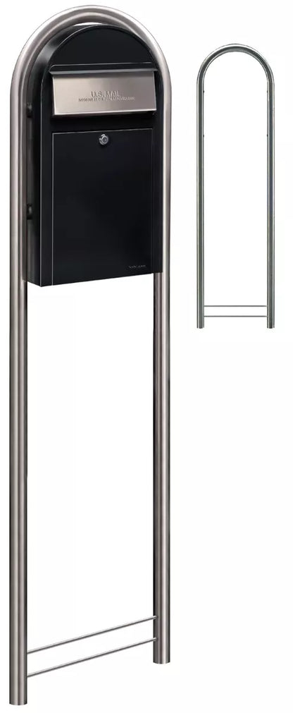 USPS Approved Bobi Grande Slim Front Access Modern Locking Black Mailbox with Round Stainless Steel Post Combo