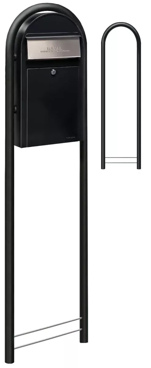 USPS Approved Bobi Grande Slim Front Access Modern Locking Black Mailbox with Stainless Steel Mail Slot and Round Black Post Combo