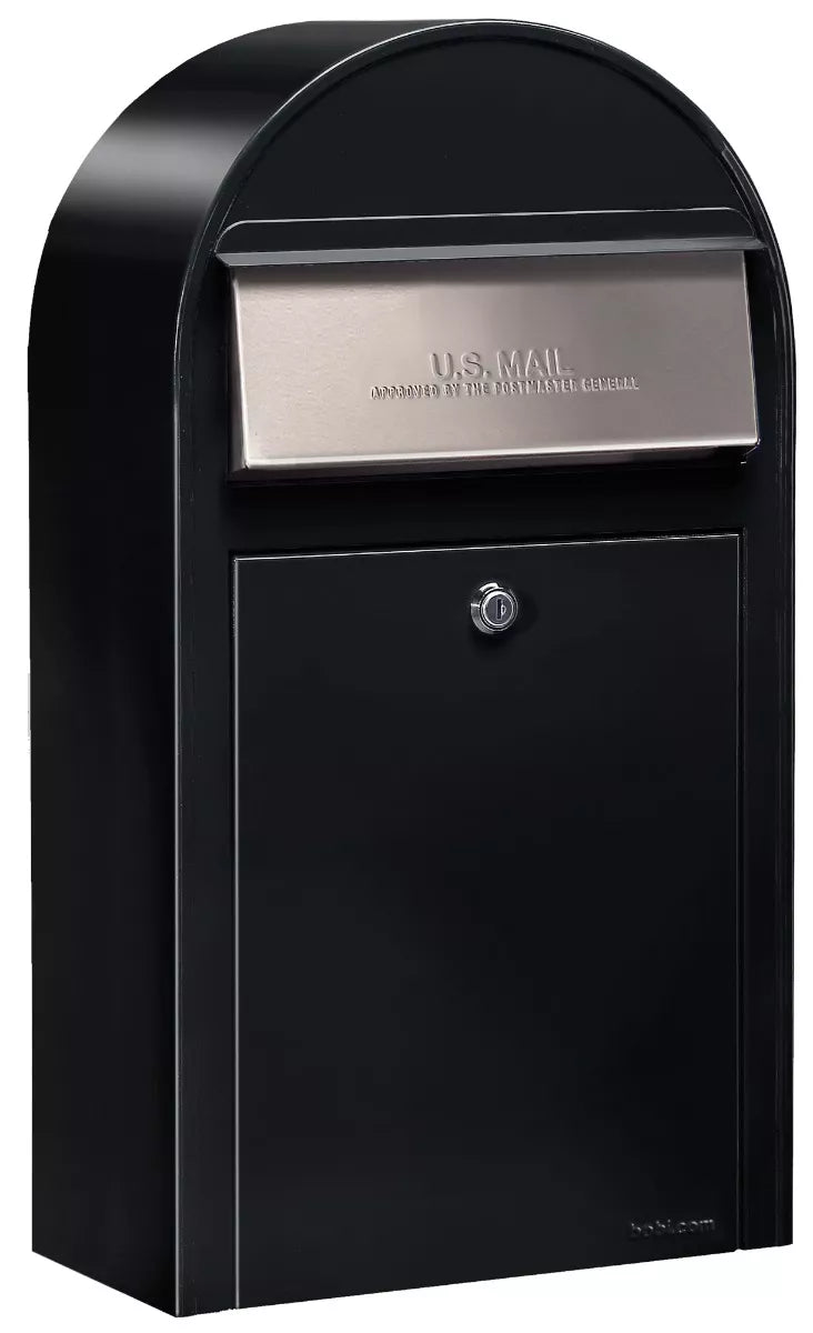 Bobi Grande Front Access Modern Locking Black Mailbox with Round Stainless Steel Post Combo