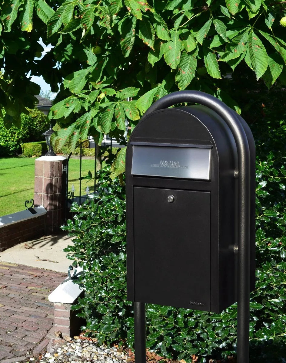 black Bobi grande mailbox with stainless steel post, digitally edited for reference.