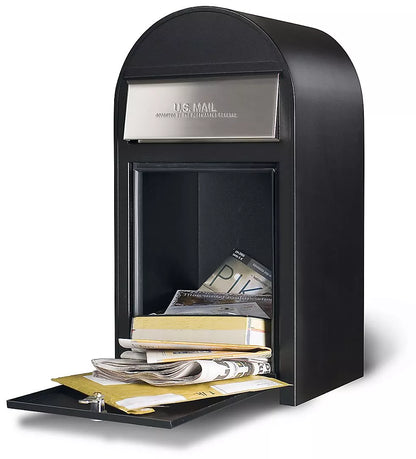 Black Bobi Grande mailbox with front access open, showing mail, newspapers, and books for reference.