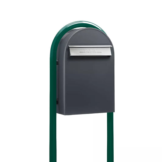 Bobi Classic B Rear Access Modern Locking Grey Mailbox and Round Green Post Combo