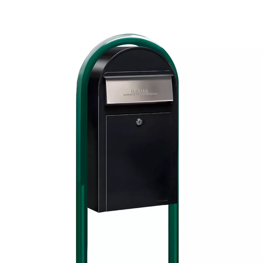 USPS Approved Bobi Grande Slim Front Access Modern Locking Black Mailbox with Stainless Steel Mail Slot and Round Green Post Combo