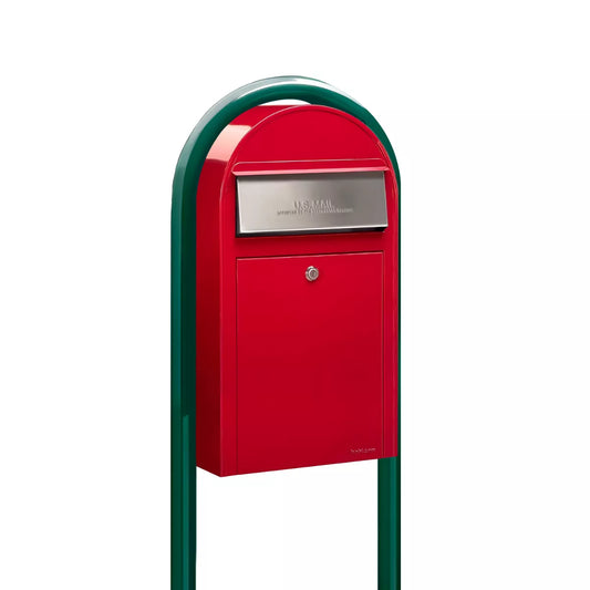 USPS Approved Bobi Grande Slim Front Access Modern Locking Red Mailbox with Stainless Steel Mail Slot and Round Green Post Combo