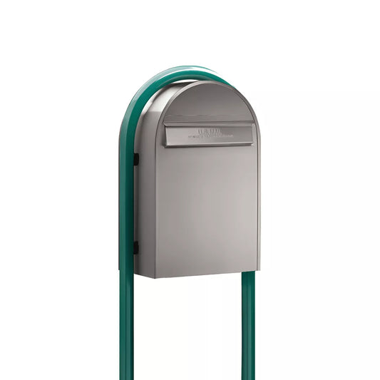 Bobi Classic B Rear Access Modern Locking Stainless Steel Mailbox and Round Green Post Combo