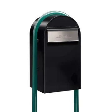 Bobi Grande B Rear Access Modern Locking Black Mailbox with Round Green Post Combo - Secure Small Parcel Delivery