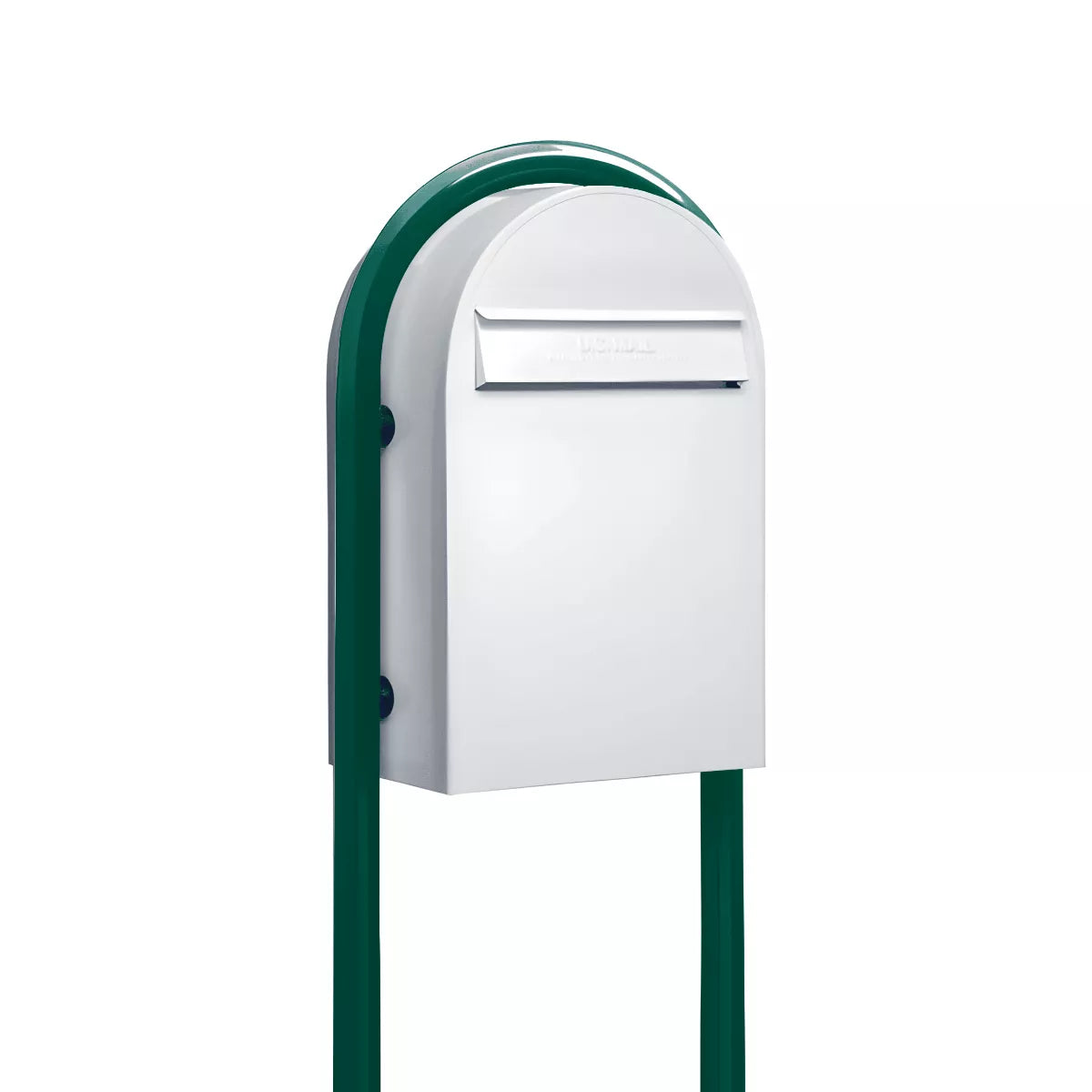 Bobi Classic B Rear Access Modern Locking White Mailbox and Round Green Post Combo