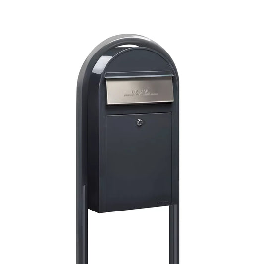 Bobi Grande Slim Front Access Modern Locking Grey Mailbox with Stainless Steel Mail Slot and Round Grey Post Combo