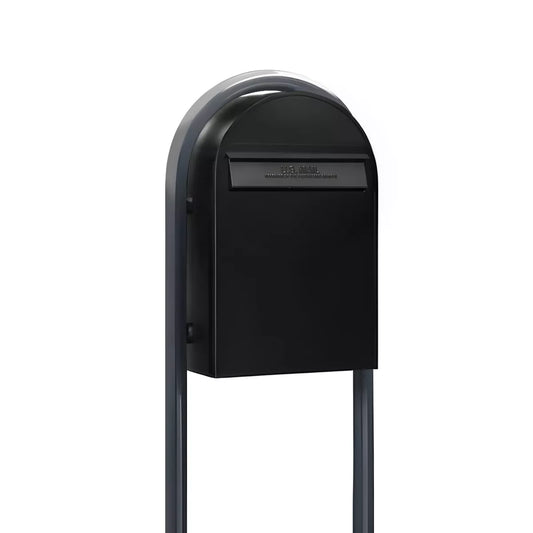 Bobi Classic B Rear Access Modern Locking Black Mailbox and Round Grey Post Combo