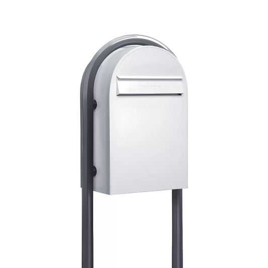 Bobi Classic B Rear Access Modern Locking White Mailbox and Round Grey Post Combo