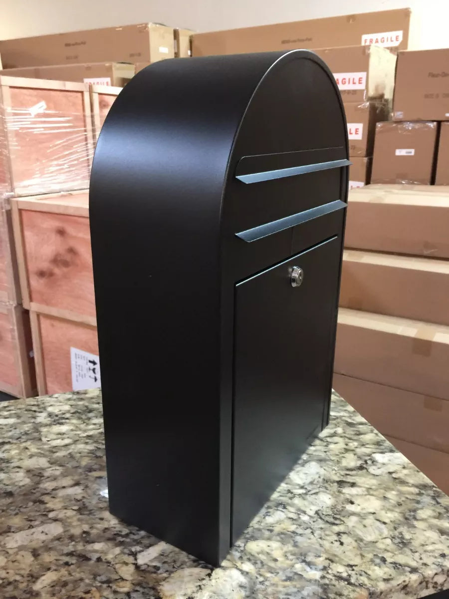 side view of black bobi slim mailbox