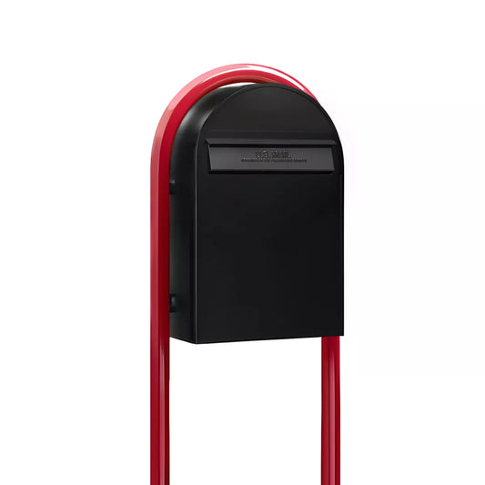 Bobi Classic B Rear Access Modern Locking Black Mailbox and Round Red Post Combo