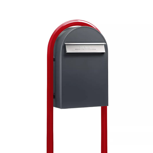 Bobi Classic B Rear Access Modern Locking Grey Mailbox and Round Red Post Combo