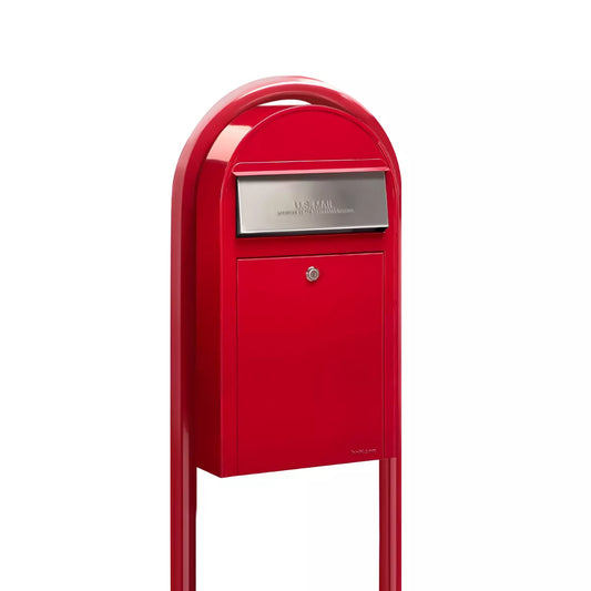 USPS Approved Bobi Grande Slim Front Access Modern Locking Red Mailbox with Stainless Steel Mail Slot and Round Red Post Combo