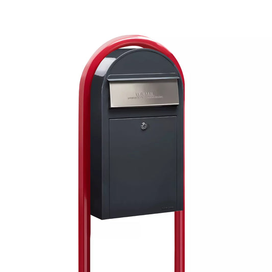 USPS Approved Bobi Grande Slim Front Access Modern Locking Grey Mailbox with Stainless Steel Mail Slot and Round Red Post Combo