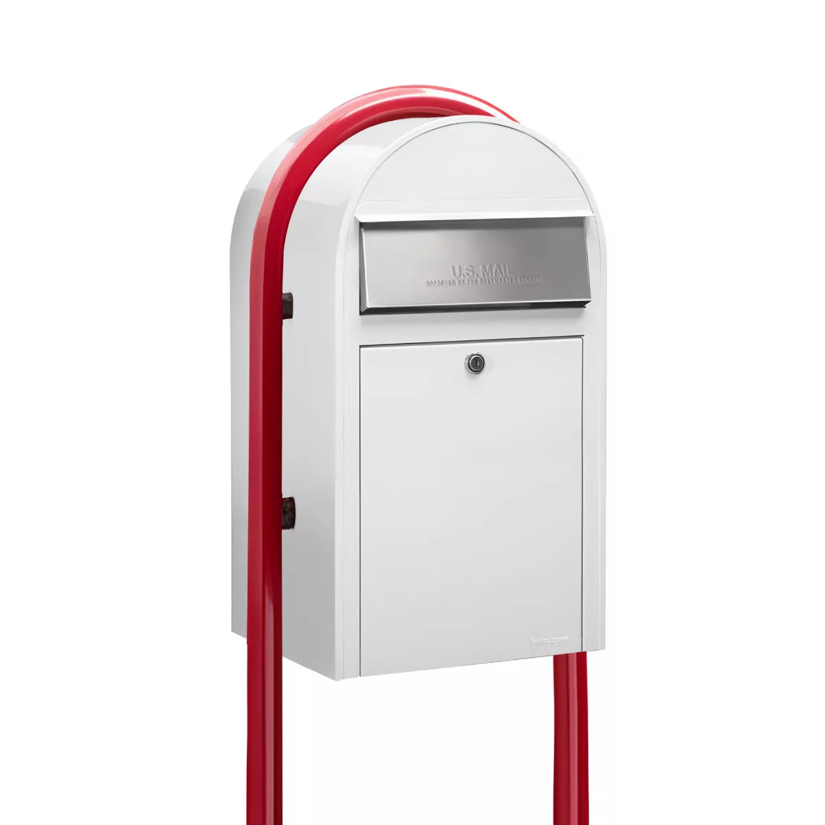 white bobi grande mailbox with red post