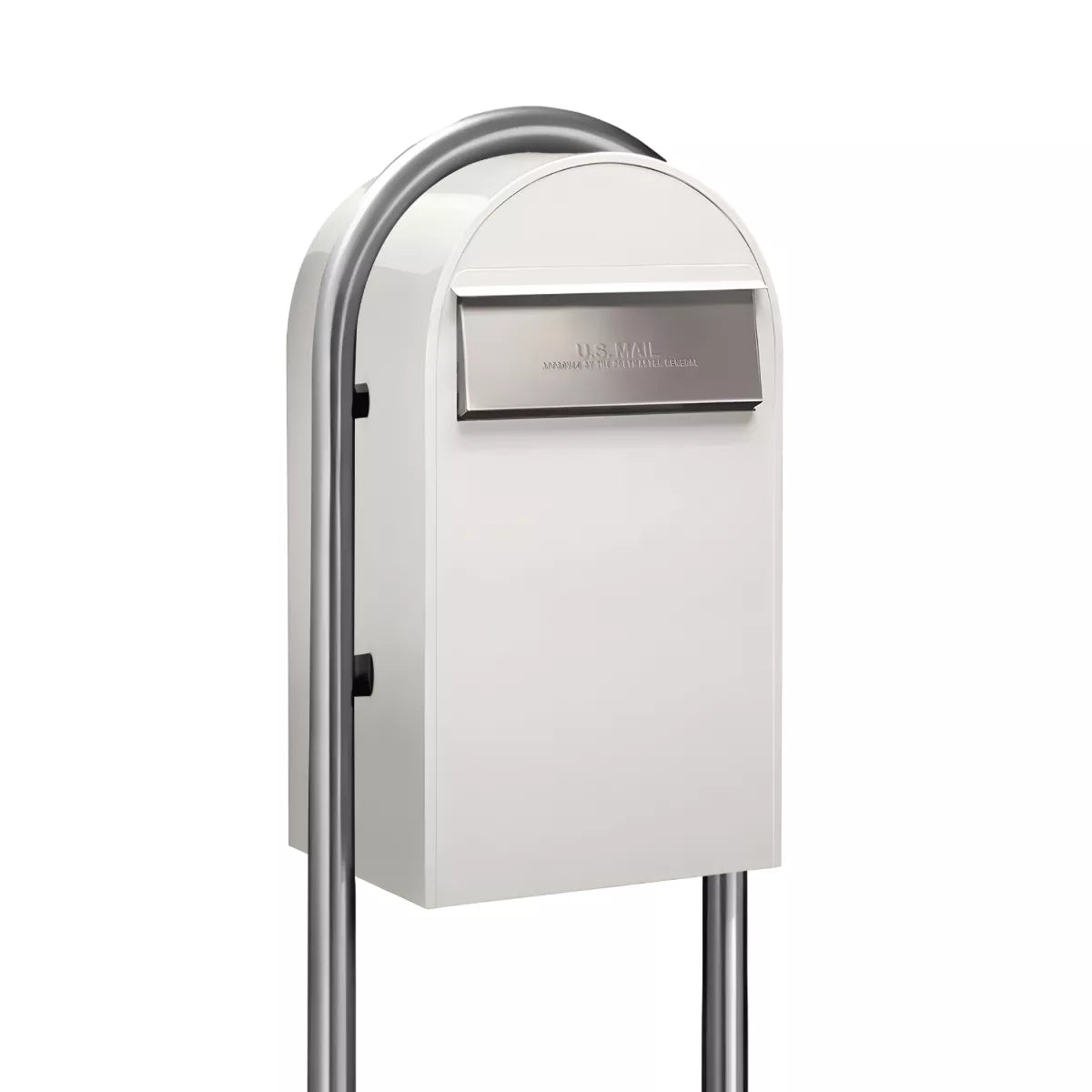 Bobi Grande B Rear Access Modern Locking White Mailbox with Round Stainless Steel Post Combo - Secure Small Parcel Delivery