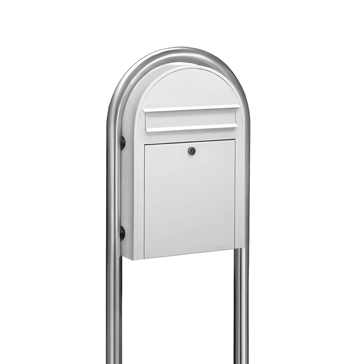 Bobi Classic Slim Front Access Modern Locking White Mailbox and Round Stainless Steel Post Combo