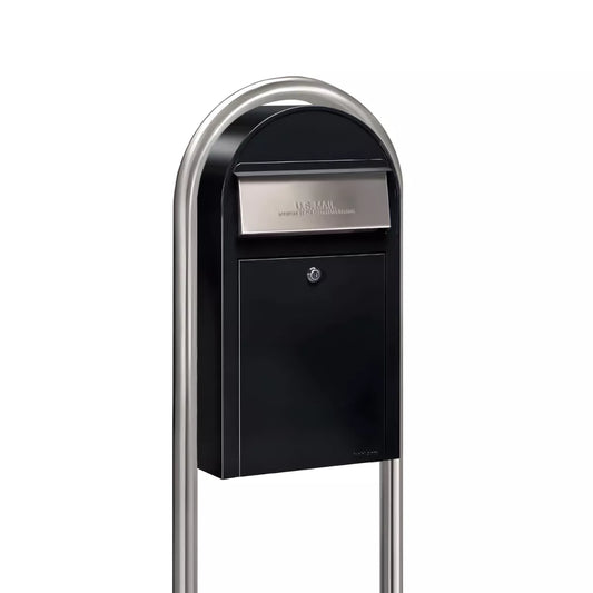 USPS Approved Bobi Grande Slim Front Access Modern Locking Black Mailbox with Round Stainless Steel Post Combo